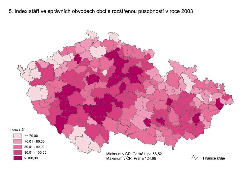 Kartogram 5. Index stáří v roce 2003
